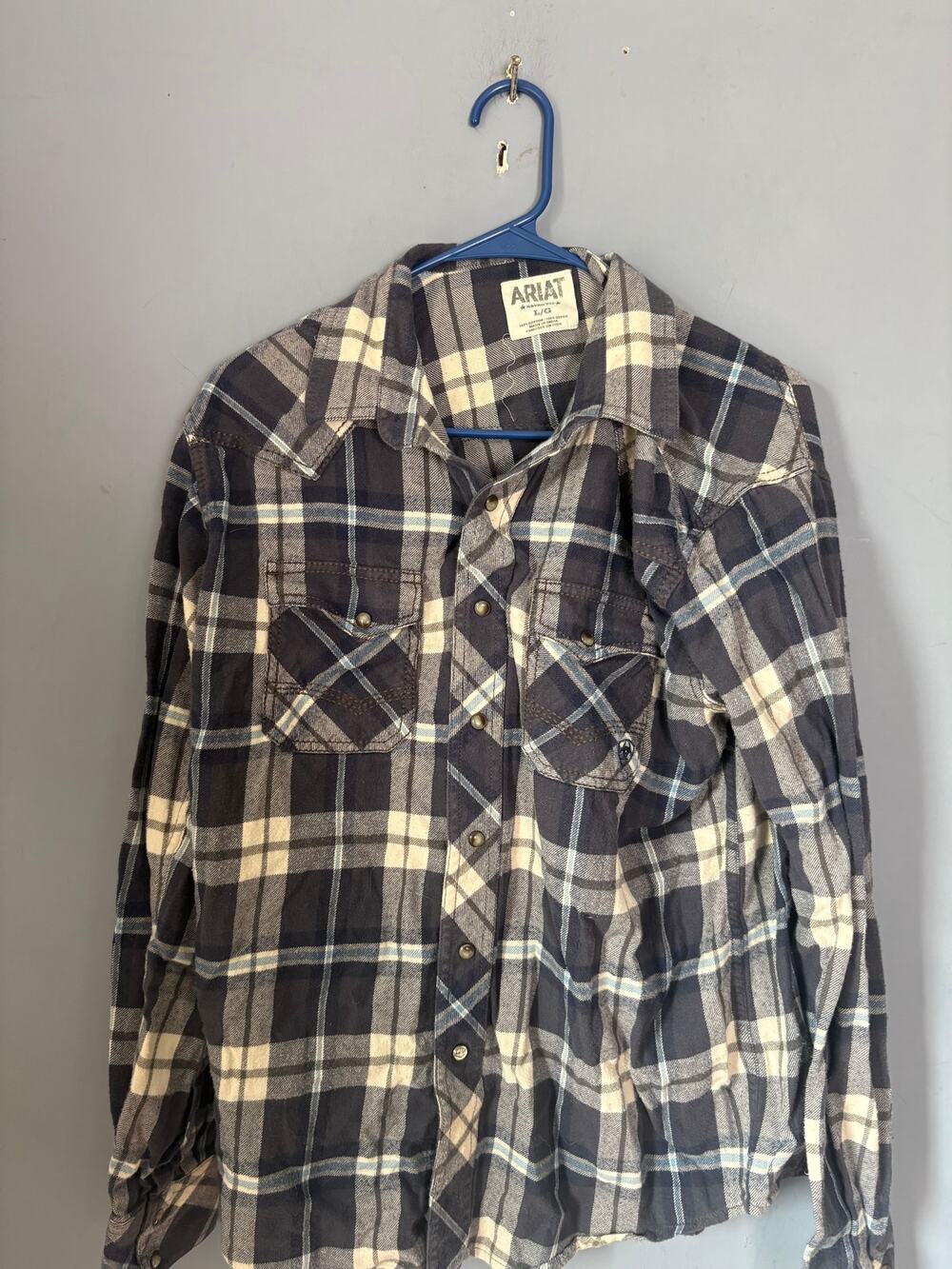 Ariat Womens L Plaid Western Snap Shirt Black Gray Brown Cotton
